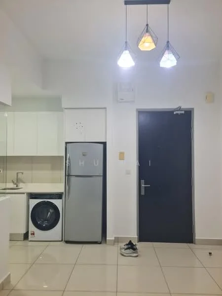 Room features: white cabinets, stainless-steel fridge, front-load washing machine, grey door, pendant lighting with three bulbs, light-colored tiled flooring, kitchen countertop, wall-mounted air conditioning unit; style: modern.