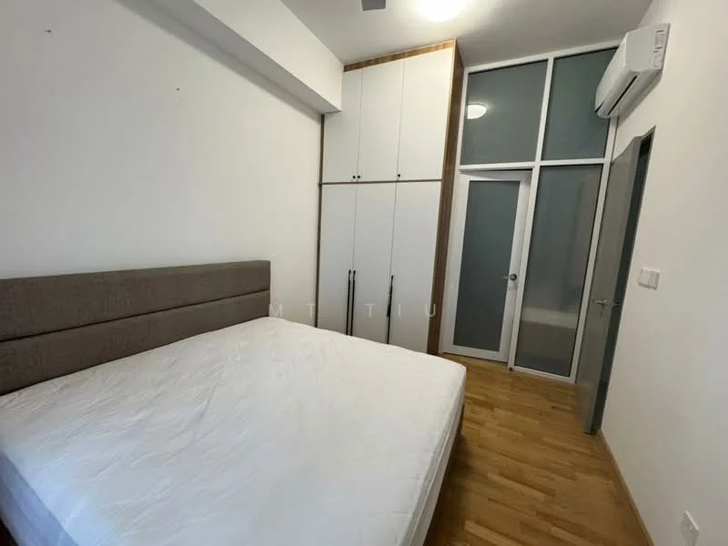 Bedroom features: queen-size bed, upholstered headboard, built-in wardrobe with sliding doors, wooden flooring, wall-mounted air conditioning unit, white painted walls, glass door, ceiling light fixture; style: modern.