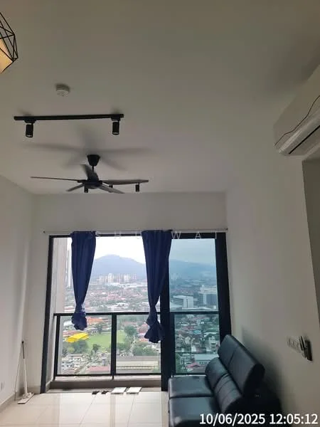 Living features: floor-to-ceiling windows, blackout curtains, 3-blade ceiling fan, light fixture with geometric design, white painted walls, glossy tile flooring, sofa in black leather, city view; style: modern; view: city.