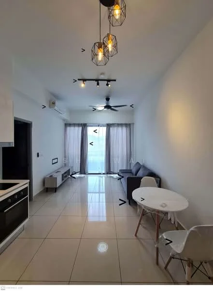 Living features: 3-seater fabric sofa in grey, round dining table, white dining chairs, TV console, wall-mounted TV, pendant light with geometric design, recessed LED downlights, floor-to-ceiling windows, sheer curtains, polished tile flooring, ceiling fan, decorative wall art; style: modern; view: city.