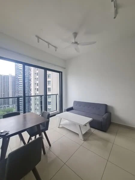 Living features: grey fabric sofa, white coffee table, dining table with four chairs, floor-to-ceiling windows, sliding glass door, white painted walls, ceiling fan, tile flooring, natural light from windows, view of city skyline; style: modern; view: city.