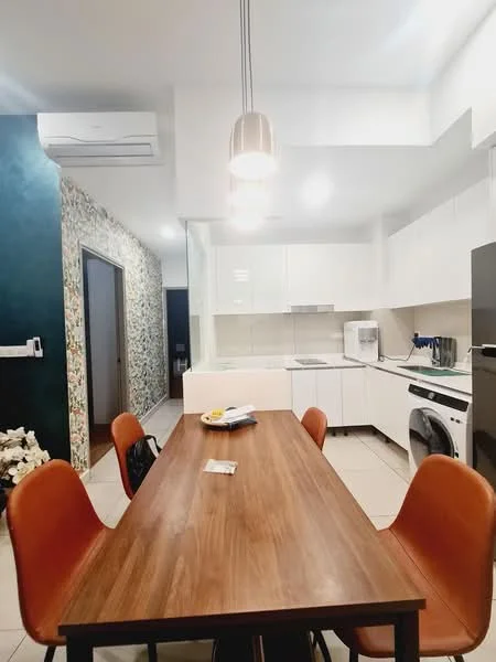 Dining features: wooden dining table, 4 orange upholstered dining chairs, pendant light fixture, wall-mounted air conditioning unit, white cabinetry, light-colored countertop, built-in oven, stainless-steel fridge, washing machine, tiled flooring, decorative wallpaper with floral pattern; style: modern. Kitchen features: white cabinetry, light-colored countertop, built-in oven, stainless-steel fridge, washing machine, tiled flooring; style: modern.
