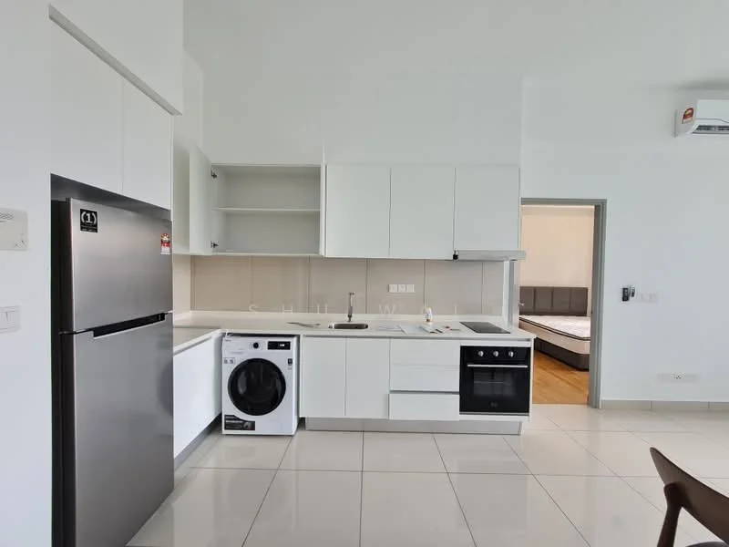 Kitchen features: white cabinetry, stainless-steel fridge, built-in oven, 4-burner gas hob, single-bowl stainless-steel sink, chrome pull-down faucet, white quartz countertop, ceramic tile flooring, wall-mounted split AC, washing machine, open shelving, neutral wall color, recessed downlights; style: modern.