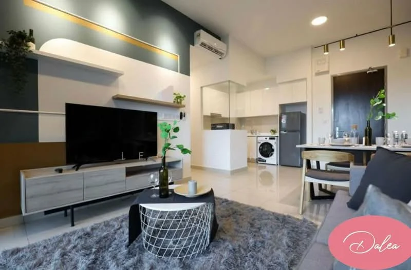 Living features: grey fabric sofa, coffee table with white netted base, area rug with plush texture, wall-mounted TV, TV console in light wood, decorative plants, recessed downlights, wall-mounted air conditioning unit, accent wall with blue and gold, open-plan layout to kitchen, dining table with chairs, washing machine in kitchen area; style: modern. Kitchen features: white cabinetry, stainless-steel appliances, built-in oven, fridge, ceramic tile flooring, countertop with backsplash, open shelving, single-bowl stainless-steel sink, chrome pull-down faucet; style: modern.