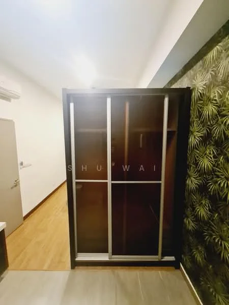 Room features: wooden flooring, sliding glass door with metal frame, wall with tropical leaf wallpaper, white painted walls, ceiling light fixture, air conditioning unit mounted on wall; style: modern.