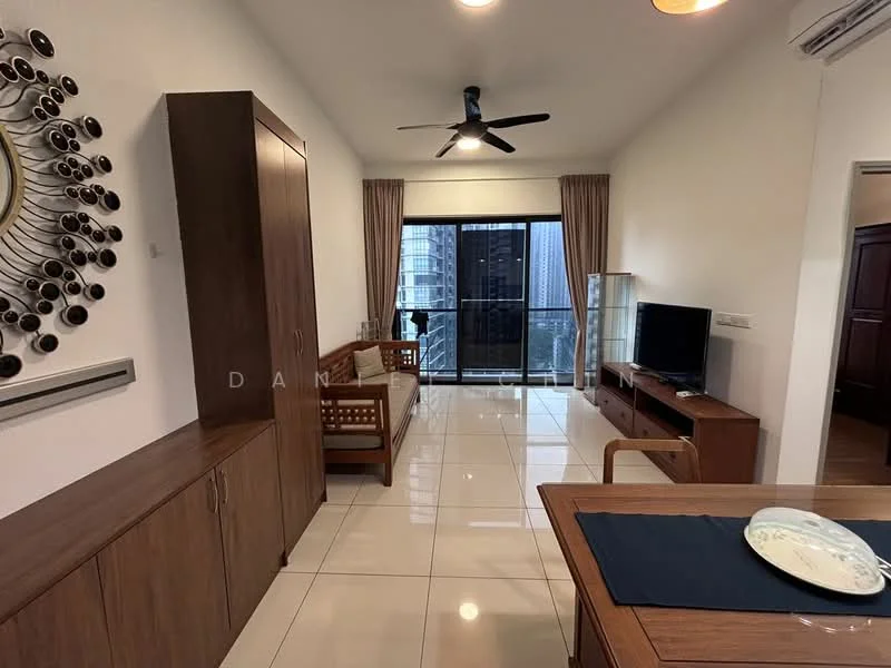 Living features: white painted walls, glossy tile flooring, 5-blade ceiling fan with light, sofa with wooden frame, wooden TV console, wall-mounted TV, large glass sliding door, floor-to-ceiling windows, curtains, decorative mirror, coffee table, decorative wall art; style: modern; view: city.