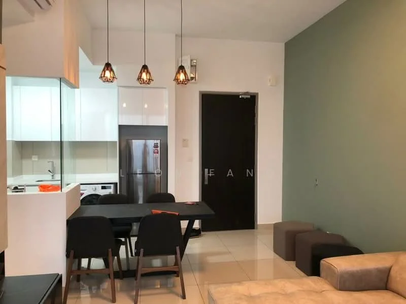Living features: white painted walls, green accent wall, tile flooring, 3-blade ceiling fan, pendant lighting with 3 bulbs, dining table with 4 chairs, stainless-steel fridge, built-in kitchen cabinetry, washing machine, sofa in beige, coffee table, open-plan layout; style: modern.