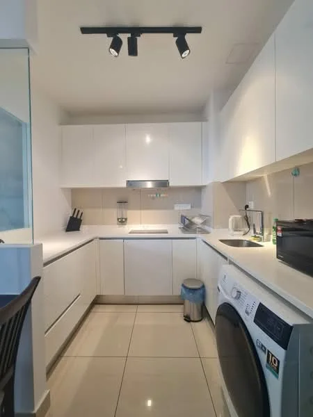 Kitchen features: white flat-panel cabinets, stainless-steel sink, chrome pull-down faucet, built-in oven, freestanding range oven, microwave, dishwasher, countertop with backsplash, tile flooring, recessed downlights, washing machine, kitchen utensils holder, trash bin; style: modern.