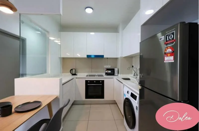 Kitchen features: white cabinetry, black countertop, built-in oven, stainless-steel fridge, microwave, washing machine, ceramic tile flooring, recessed downlights, kitchen island with seating, glass splashback, electric stove, kettle; style: modern.