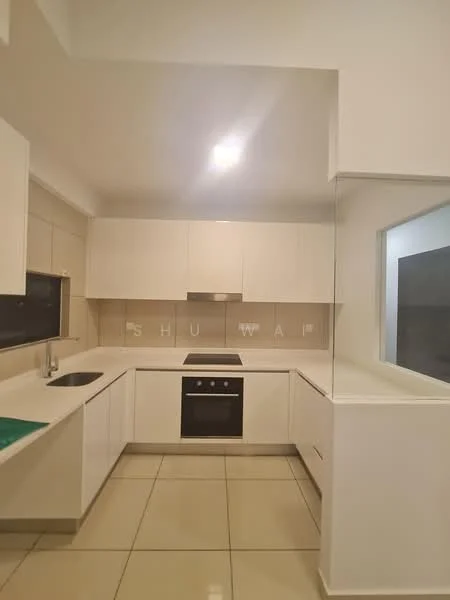 Kitchen features: white cabinetry, black countertop, stainless-steel sink, chrome pull-down faucet, built-in oven, 4-burner gas hob, ceramic tile flooring, recessed downlights, window with view to outside, green countertop mat; style: modern.