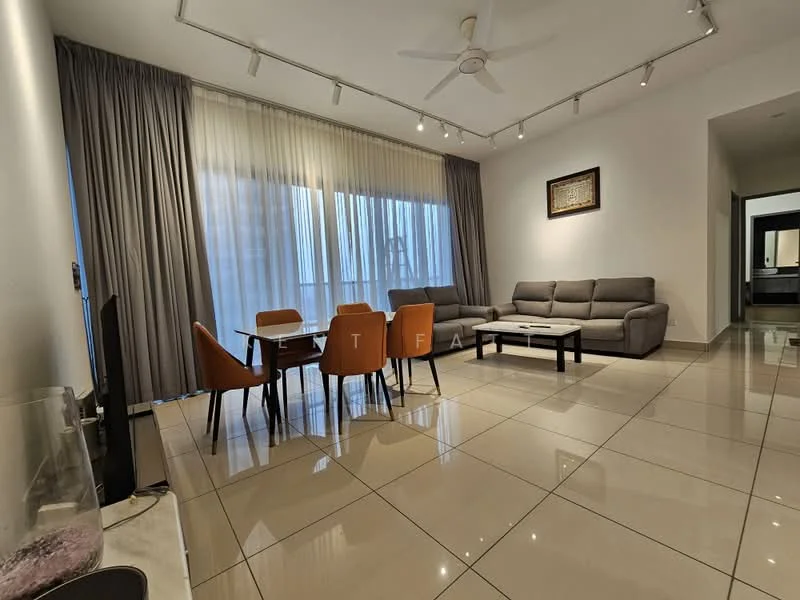 Living features: grey fabric sectional sofa, 4 orange upholstered dining chairs, white rectangular dining table, floor-to-ceiling windows with sheer curtains, recessed ceiling lights, ceiling fan, polished ceramic tile flooring, decorative wall art, TV console, wall-mounted TV; style: modern; view: city.