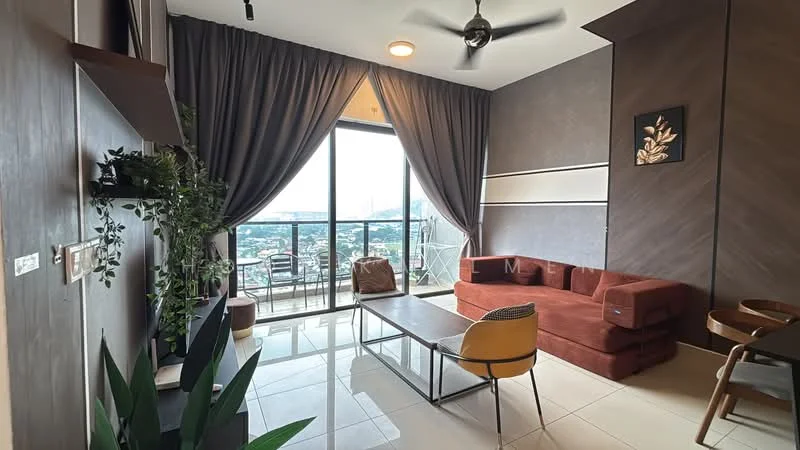 Living features: 3-seater fabric sofa in rust color, coffee table, floor-to-ceiling windows, curtains, ceiling fan, wall-mounted decorative artwork, potted plants, tile flooring, accent wall with wood paneling, balcony view; style: modern; view: city.