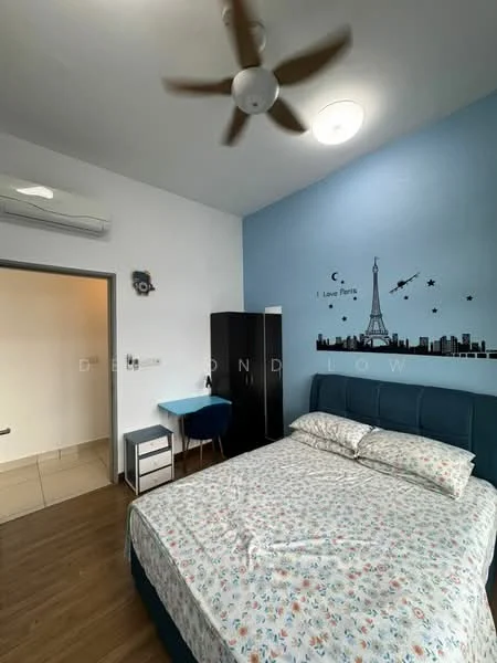 Bedroom features: queen-size bed with floral bedding, upholstered headboard, wooden flooring, 1 wall-mounted split AC, 5-blade ceiling fan, blue accent wall with Eiffel Tower decal, white painted walls, black wardrobe, study desk with chair, window with sheer curtains; style: modern.