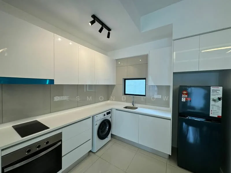 Kitchen features: white flat-panel cabinets, grey countertop, stainless-steel built-in oven, 4-burner electric hob, stainless-steel range hood, single-bowl stainless-steel sink, chrome pull-down faucet, built-in washing machine, black fridge, tile backsplash, recessed LED downlights, grey tile flooring, window with black frame; style: modern.