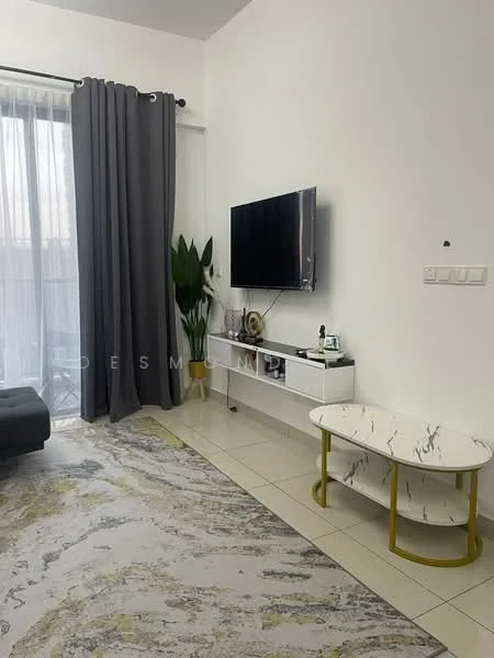 Living features: grey fabric sofa, white marble coffee table with gold legs, TV mounted on wall, white console table, large floor-to-ceiling window with sheer curtains, decorative houseplant, area rug with abstract pattern, cream tiled flooring, grey curtains; style: modern.