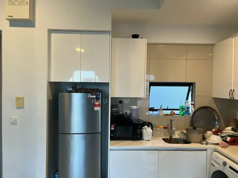 Kitchen features: stainless-steel fridge, built-in microwave, black countertop, white upper cabinets, grey lower cabinets, sink with faucet, window above sink, kitchen utensils on countertop, dishwasher, various cleaning supplies, cooking pots, bottles, small kitchen appliances; style: modern.