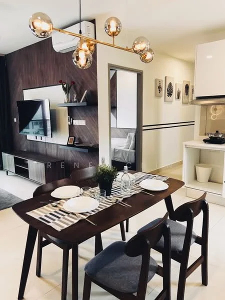 Dining features: wooden dining table, 4 dining chairs, decorative table runner, glassware on table, cutlery on table, pendant light fixture with multiple bulbs, wall-mounted TV, dark wood accent wall, white painted walls, air conditioning unit, open kitchen layout, sliding glass door to another room; style: modern.
