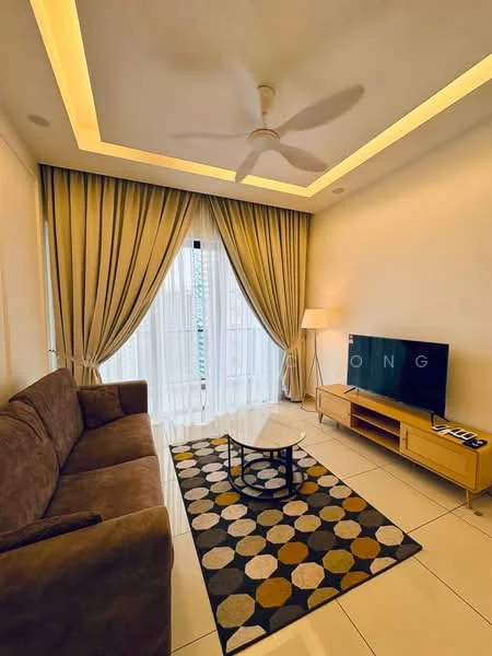 Living features: 3-seater fabric sofa in brown, coffee table with circular glass top, area rug with circular pattern in multiple colors, wall-mounted TV, TV console with wooden finish, floor-to-ceiling windows, sheer curtains, recessed ceiling lights, ceiling fan with light; style: modern.