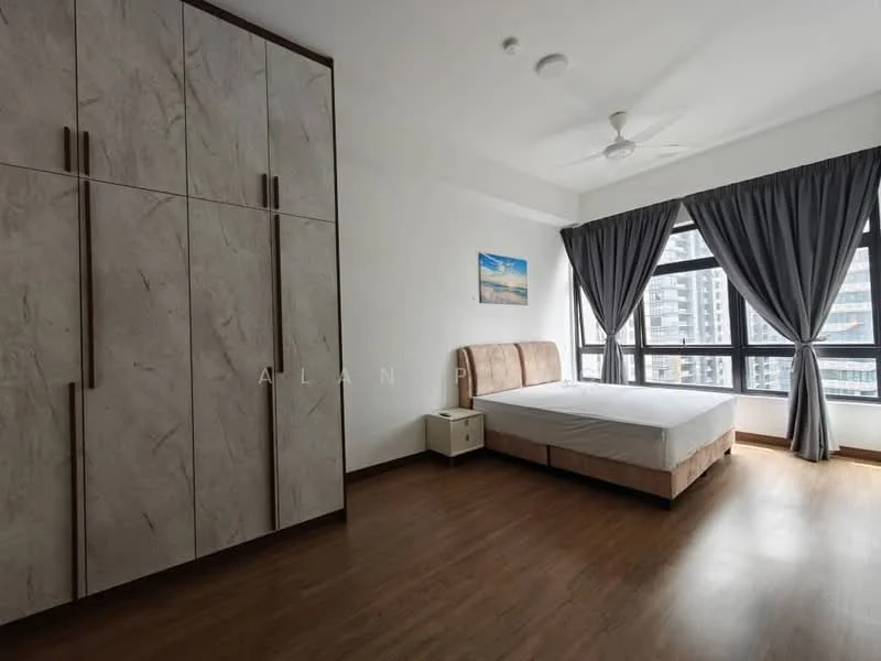Bedroom features: queen-size bed, upholstered headboard, wooden bedside table, built-in wardrobe with grey marble finish, floor-to-ceiling windows, grey curtains, ceiling fan, laminate flooring, decorative artwork on wall; style: modern; view: city.