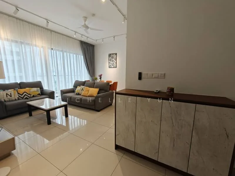 Living features: grey fabric 3-seater sofa, grey fabric 2-seater sofa, coffee table, decorative cushions, floor-to-ceiling windows, sheer curtains, recessed downlights, ceiling fan, marble tile flooring, wall-mounted artwork, wooden sideboard with marble finish; style: modern.