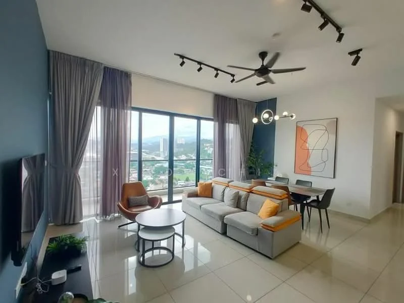 Living features: 3-seater fabric sofa in grey with orange accents, round coffee table, floor-to-ceiling windows, city view, 5-blade ceiling fan with light, recessed LED downlights, wall-mounted TV, decorative wall art, dining table with chairs, potted plants, curtains, tile flooring; style: modern; view: city.