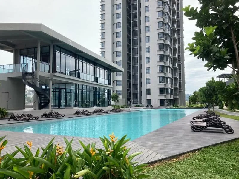 Exterior type: high-rise condominium; features: infinity pool, pool deck with loungers, glass curtain wall facade, spiral staircase, manicured lawn, tropical landscaping, surrounded by greenery; style: modern.