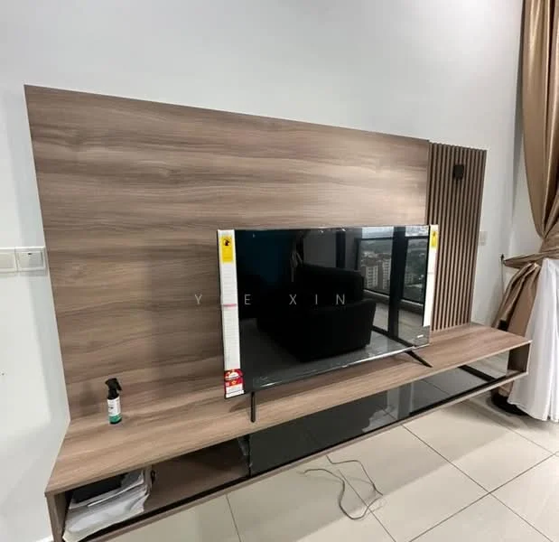 Living features: wooden feature wall, flat-screen TV, TV console with storage, glass shelving, beige floor tiles, curtains, city view through window, spray bottle on console; style: modern; view: city.