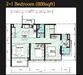 Floor plan: 2-bedroom 1-bathroom unit; features: open-plan kitchen-dining-living, master bedroom with ensuite bathroom, bedroom 2 with shared bathroom, utility room, central foyer, balcony off living room, 1 car porch, 1,000 sqft built-up.