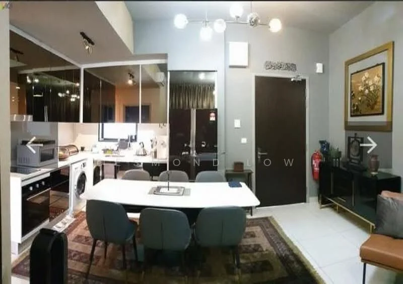 Dining features: 6-seater dining table, upholstered dining chairs, pendant light fixture, area rug with geometric pattern, wall-mounted artwork, built-in cabinetry, white painted walls, tile flooring, recessed downlights, open kitchen layout, kitchen appliances visible, washing machine, fire extinguisher, door to hallway; style: modern. Kitchen features: stainless-steel fridge, built-in oven, microwave, ceramic cooktop, single-bowl stainless-steel sink, chrome pull-down faucet, white cabinetry, black countertops; style: modern.