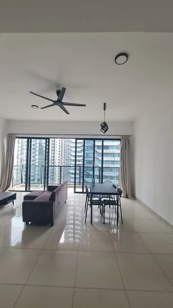 Living features: 5-blade ceiling fan with light, pendant lamp, floor-to-ceiling windows, sliding glass door, cream painted walls, light-colored tile flooring, sofa in dark color, dining table with chairs, curtains, open layout, city view; style: modern; view: city.