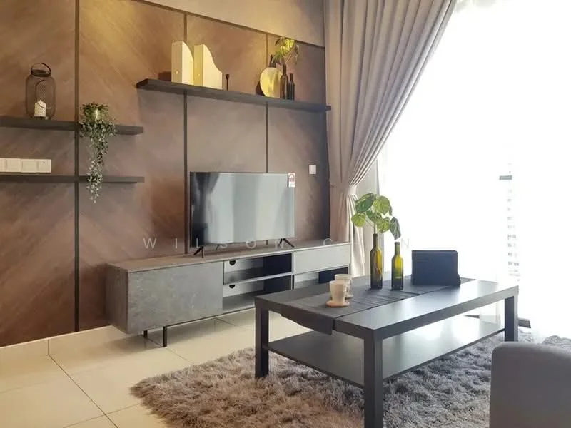Living features: grey fabric sofa, coffee table with black finish, TV console with grey cabinetry, wall-mounted flat-screen TV, wood accent wall with chevron pattern, floating shelves, decorative plants on shelves, sheer curtains, area rug with plush texture, recessed lighting; style: modern.
