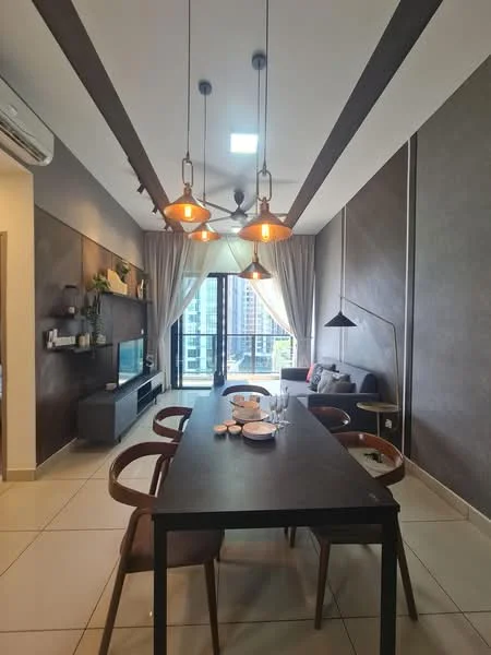 Dining features: rectangular dining table, 4 wooden dining chairs, pendant lighting with exposed bulbs, 5-blade ceiling fan with light, wall-mounted TV, grey accent wall, cream painted walls, floor-to-ceiling windows, sheer curtains, sliding glass door, decorative plants on shelves, sofa with cushions; style: modern; view: city.