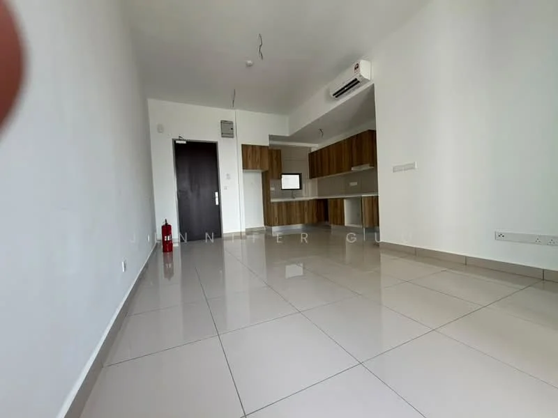 Room features: white painted walls, glossy ceramic tile flooring, wall-mounted split AC, kitchenette with wooden cabinetry, countertop, fire extinguisher, door, window, ceiling with exposed wiring; style: modern.