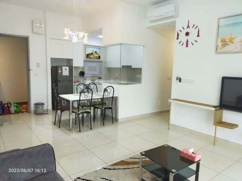 Living features: cream painted walls, white ceiling, floor-to-ceiling windows, sliding glass door, 3-blade ceiling fan, wall-mounted TV, coffee table, area rug with geometric pattern, sofa in grey, dining table with 4 chairs, refrigerator, built-in cabinets, decorative wall clock; style: modern.