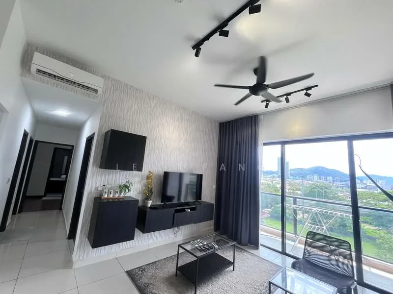 Living features: floor-to-ceiling windows, sliding glass door, 5-blade ceiling fan with light, wall-mounted TV, black TV console, decorative wall with textured finish, grey area rug, glass coffee table, black sofa, curtains, white walls, tile flooring; style: modern; view: mountain. Room features: hallway with light, air conditioning unit, white walls, tile flooring.