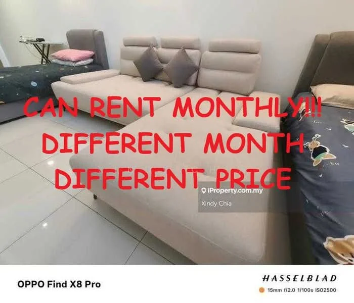Room features: grey fabric sofa, beige fabric sofa, white walls, glossy tile flooring, bed with patterned bedding, bedside table, decorative pillows, window with natural light; style: modern.