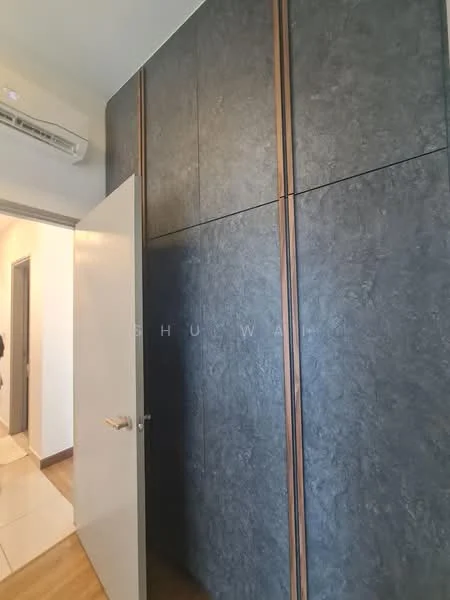 Room features: dark textured wall panels, wood trim accents, white door, wall-mounted air conditioning unit, tile flooring, wood flooring, door frame, light switch; style: modern.