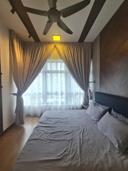 Bedroom features: king-size bed, upholstered headboard, bedside lamps, floor-to-ceiling windows, sheer curtains, blackout curtains, wooden flooring, ceiling fan with light, exposed beams, decorative wall paneling; style: modern; view: city.