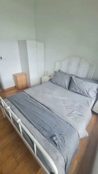 Bedroom features: queen-size bed with grey bedding, upholstered headboard, wooden bedside table, white wardrobe, light wood flooring, white walls, natural light from window, decorative throw blanket; style: minimalist.