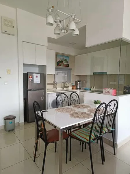 Kitchen features: white cabinets, stainless-steel fridge, built-in oven, ceramic cooktop, dishwasher, white countertop, pendant lighting, tile flooring, dining table with chairs, kitchen island, sink with faucet, wall-mounted cabinets, glass backsplash, open shelving; style: modern.
