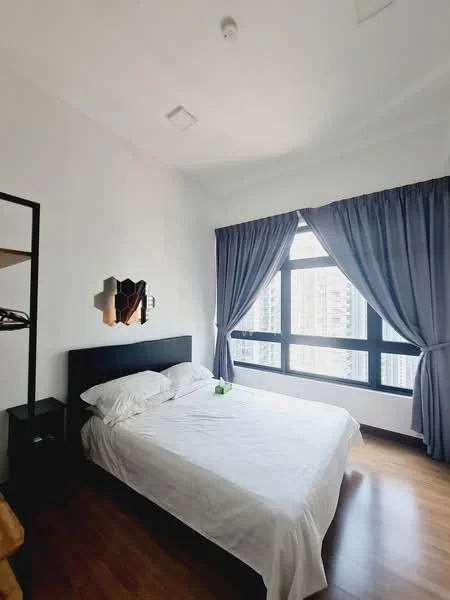 Bedroom features: queen-size bed with white bedding, black wooden headboard, floor-to-ceiling windows, blue curtains, wooden flooring, decorative wall mirror, nightstand, small potted plant, built-in wardrobe; style: modern; view: city.