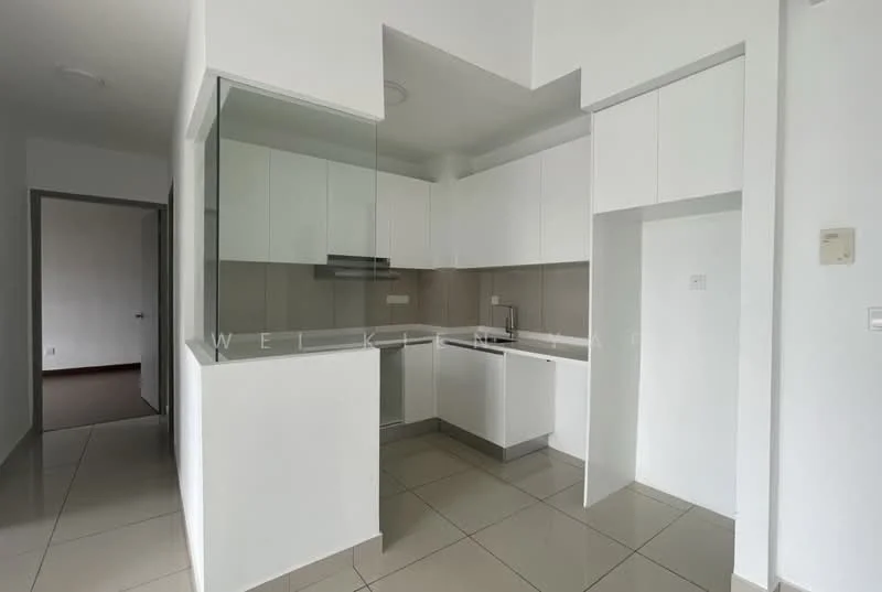 Kitchen features: white cabinetry, glass backsplash, stainless-steel sink, chrome pull-down faucet, built-in oven, four-burner gas hob, white countertops, tile flooring, recessed downlights; style: modern. Room features: white painted walls, tile flooring, doorway leading to hallway.