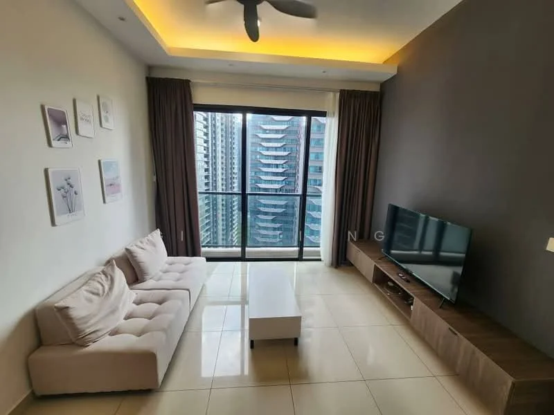 Living features: 3-seater fabric sofa in beige, coffee table, wall-mounted TV, TV console in wood, floor-to-ceiling windows, curtains, recessed LED downlights, ceiling fan, cream tiled flooring, decorative wall art, neutral wall color, open layout, city view; style: modern; view: city.