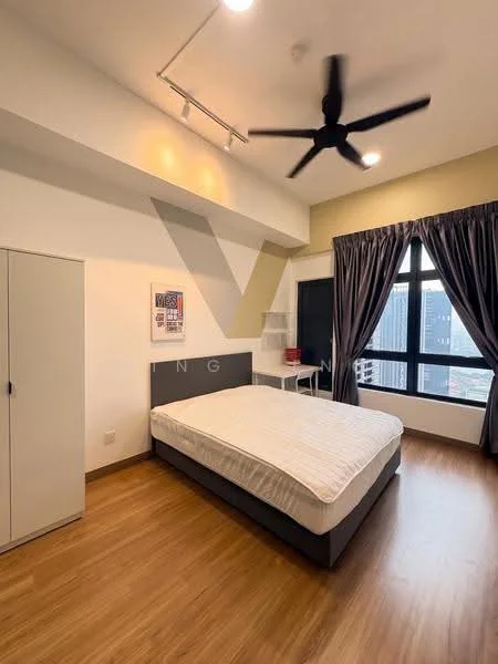 Bedroom features: queen-size bed, upholstered headboard, wooden flooring, floor-to-ceiling windows, blackout curtains, 5-blade ceiling fan, built-in wardrobe, decorative artwork, nightstand, city view; style: modern; view: city.