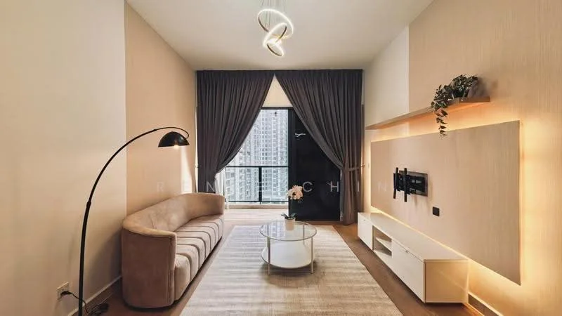 Living features: curved beige fabric sofa, glass coffee table, area rug with neutral tones, wall-mounted TV, floating TV console, black floor lamp, recessed lighting, floor-to-ceiling windows, dark grey curtains, wooden flooring, decorative wall paneling; style: modern; view: city.