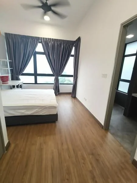 Bedroom features: queen-size bed, upholstered headboard, floor-to-ceiling windows, grey curtains, wooden flooring, ceiling fan, built-in wardrobe, decorative wall shelf; style: modern; view: city. Bathroom features: tile flooring, vanity with sink, mirror, shower area, toilet.