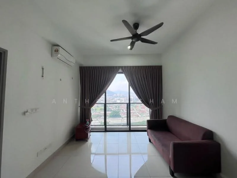 Living features: white painted walls, glossy tile flooring, 5-blade ceiling fan with light, floor-to-ceiling windows, sliding glass door, brown fabric sofa, curtains, air conditioning unit, TV console, decorative wall, city view; style: modern; view: city.
