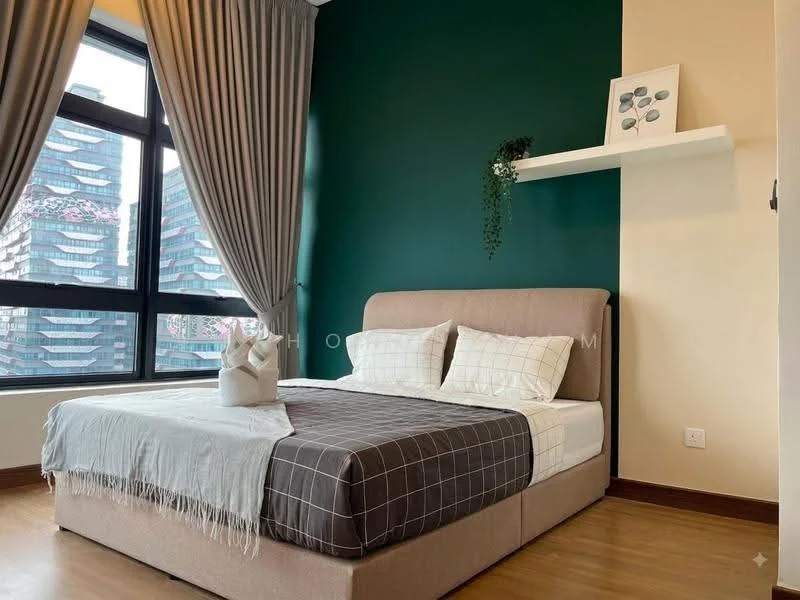Bedroom features: king-size bed, upholstered headboard, plaid bedspread, white pillows, green accent wall, light brown wall, floor-to-ceiling windows, sheer curtains, wooden flooring, decorative shelf, houseplant on shelf; style: modern; view: city.