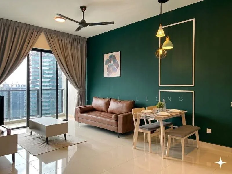 Living features: green painted walls, white accent wall with geometric design, floor-to-ceiling windows, curtains, 3-seater brown leather sofa, coffee table, dining table for 4, pendant lighting, ceiling fan with light, tile flooring, decorative artwork, area rug; style: modern; view: city.