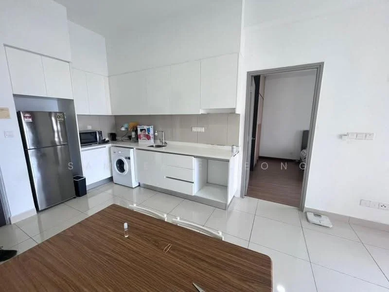 Kitchen features: white cabinetry, stainless-steel fridge, built-in oven, freestanding washing machine, single-bowl stainless-steel sink, chrome pull-down faucet, ceramic tile flooring, white tiled backsplash, countertop with storage, open shelving, dining table, recessed downlights; style: modern. Room features: wood flooring, doorway leading to another room.